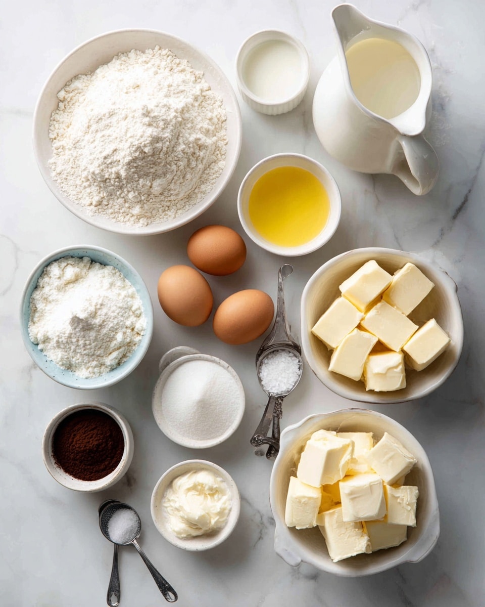 A top view of various baking ingredients placed on a white marbled surface, including a large white bowl filled with flour in the upper left, a white jug of milk to the right, and a smaller white bowl with cubed butter beneath the milk. Nearby are two eggs side by side, a small white bowl with yellow liquid, another with white sugar, a few different small white bowls containing baking powder, cocoa powder, and sour cream, and a little container of vanilla just beside the eggs. All items are spread evenly, with measuring spoons placed near the flour. photo taken with an iphone --ar 4:5 --v 7