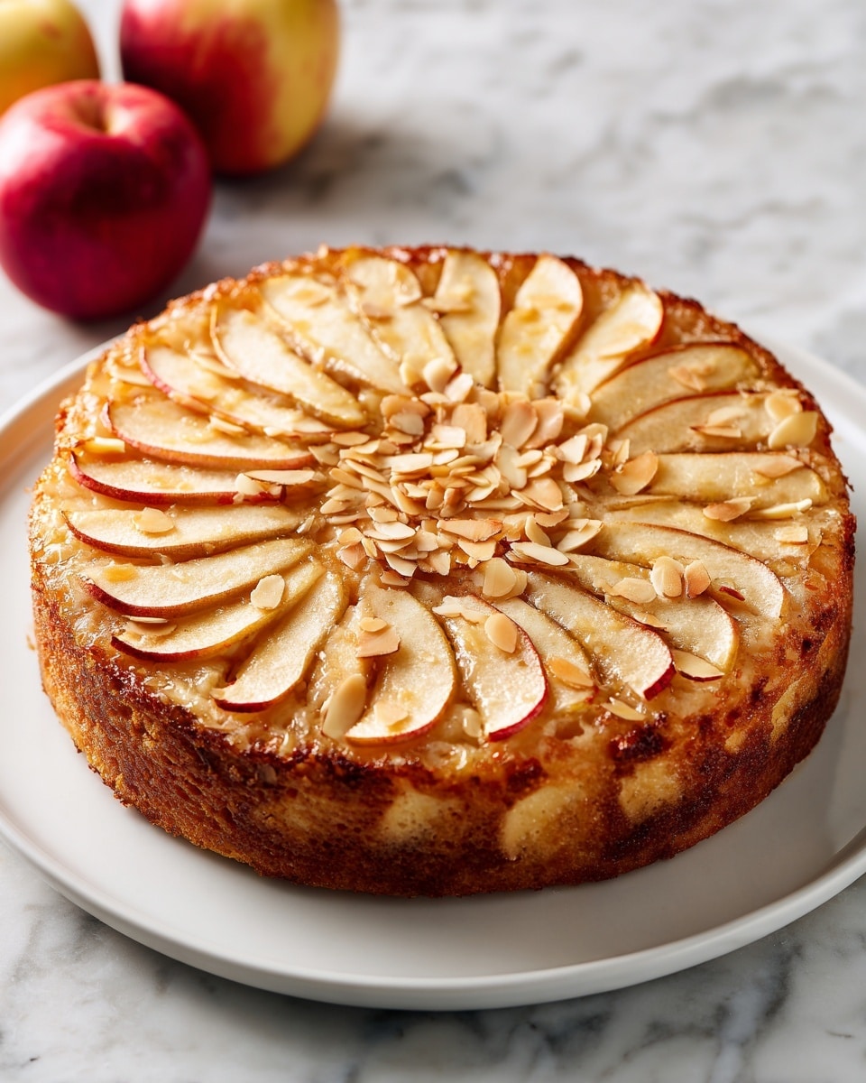 A round apple cake on a white plate, topped with several slices of baked apple arranged in a circular pattern. The apple slices have a light brown, slightly golden color with a soft texture. The surface of the cake is sprinkled with thin, pale almond slices, adding texture to the smooth, light brown cake base. The cake rests on a white marbled surface with a few fresh apples nearby. photo taken with an iphone --ar 4:5 --v 7
