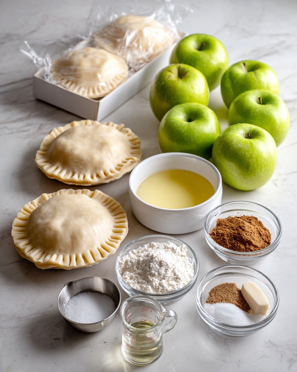 This image shows several ingredients placed neatly on a white marbled surface. In the background, there is a box of pie crusts with two round wrapped pie crusts placed in front of it on the left side. Next to the pie crusts are six bright green apples arranged in two rows. In the foreground, on the right side, there are small clear glass bowls containing light brown sugar and white flour. In front of them, there is a white bowl filled with melted butter. On the left side, there are two small silver bowls, one with ground cinnamon and the other with salt. Between them and the glass bowls is a small glass measuring cup with a clear liquid. The items are all organized with good spacing making the overall image clean and bright, photo taken with an iphone --ar 4:5 --v 7