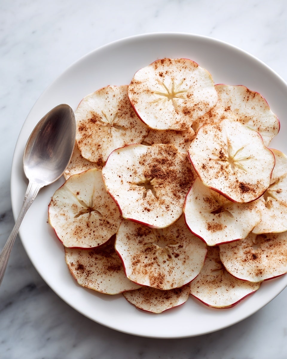 A white plate is filled with a single layer of thin apple slices, each sprinkled evenly with brown cinnamon powder. The apple slices show light cream centers with red edges that curl slightly, giving a crisp and dry texture look. The plate sits on a white marbled surface, and the apple slices overlap lightly, forming a casual pile in the center. Photo taken with an iphone --ar 4:5 --v 7