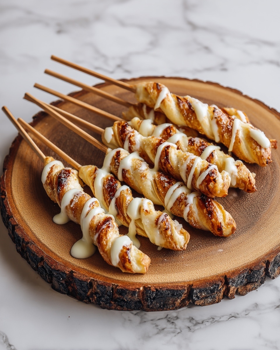 The image shows six golden brown twisted pastries on wooden skewers, arranged in a circle on a round wooden board with bark edges. Each twisted pastry has a shiny, slightly crispy texture with darker grilled marks on some parts. White icing is drizzled over the pastries in thin streams, adding a glossy contrast to the warm browns. The wooden board sits on a white marbled surface, enhancing the natural look of the presentation. photo taken with an iphone --ar 4:5 --v 7