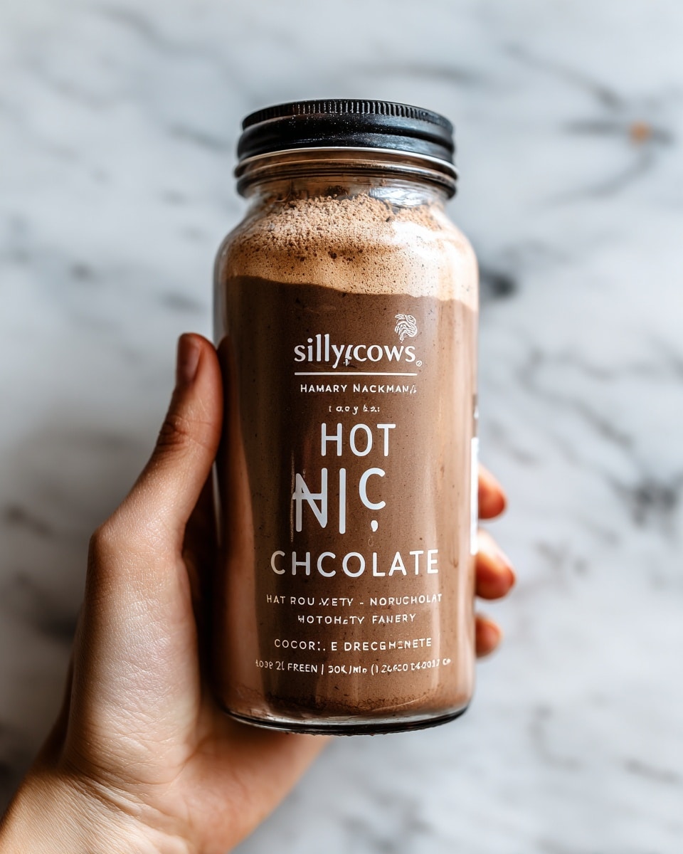 A clear glass bottle filled with light brown hot chocolate powder is held by a woman's hand. The bottle has a black lid and white text printed on the front that reads