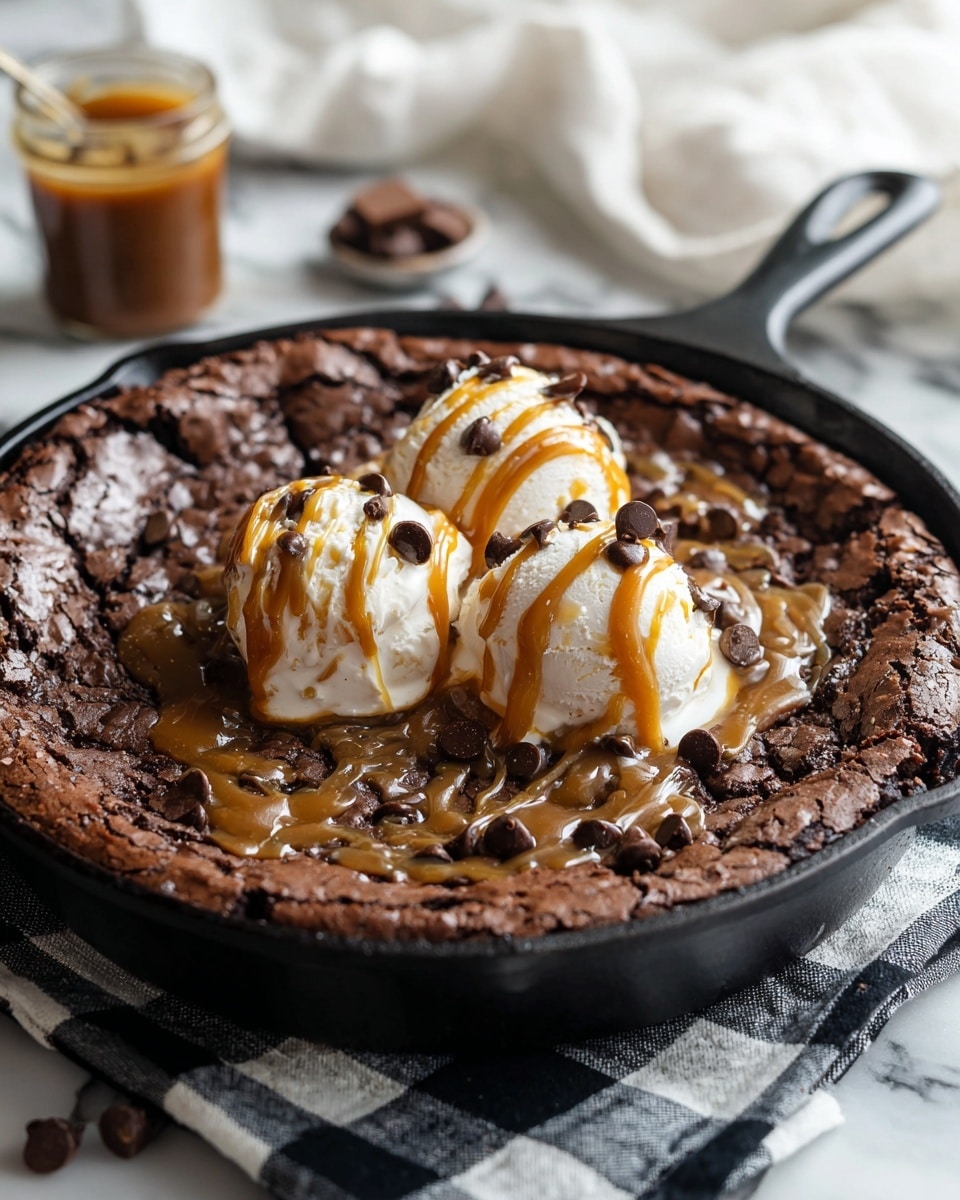 A dark brown thick brownie cookie baked in a black cast iron skillet, with a rough textured top and visible small chocolate chips scattered throughout. On the center, there are two large scoops of white vanilla ice cream melting slightly, drizzled with light golden caramel sauce. The skillet is placed on a white marbled surface with a black and white checkered cloth next to it, and a small glass jar of caramel sauce is partially visible in the bottom right corner. Photo taken with an iphone --ar 4:5 --v 7