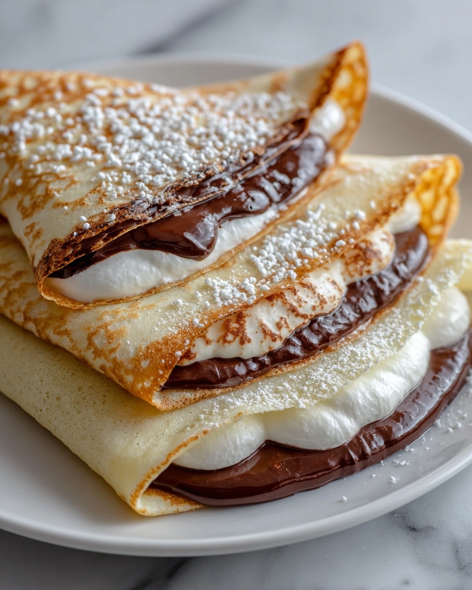 The image shows a folded crepe with three visible layers: the first layer is a thin, pale golden crepe with a light, slightly crispy texture; the second layer is a rich, dark chocolate spread that looks smooth and creamy, oozing slightly between the folds; the third layer is white, fluffy whipped cream, soft and light, peeking out from the edges. The top of the crepe is sprinkled generously with fine granulated sugar, adding a bit of sparkle and texture, and the crepe sits on a white plate with a white marbled surface background. photo taken with an iphone --ar 4:5 --v 7