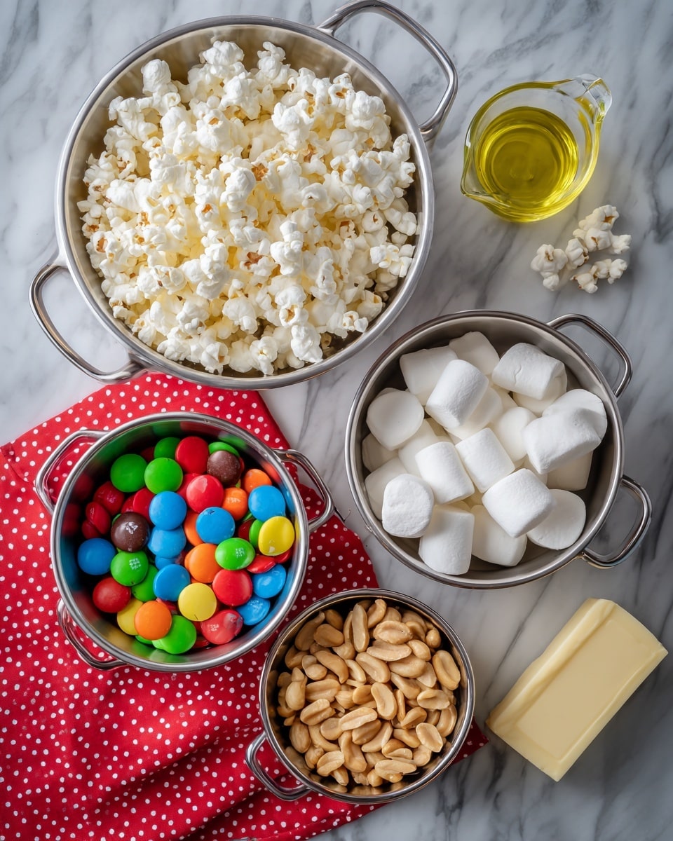 The image shows five metal bowls with different ingredients placed on a white marbled surface. The largest bowl on the left is filled with white, fluffy popcorn that fills the bowl fully. On the right, a slightly smaller metal bowl is filled to the top with large white marshmallows. In front of the marshmallows, a medium metal bowl holds colorful round candies in bright shades of red, green, blue, yellow, orange, and brown. Below the popcorn, a small metal bowl with handles contains salted peanuts with a golden-brown color. To the upper left of the peanuts, there is a small clear glass measuring cup filled with a light golden yellow liquid, likely oil. Underneath the bowls is a red cloth with white polka dots and a stick of butter partially visible on the right. Photo taken with an iphone --ar 4:5 --v 7