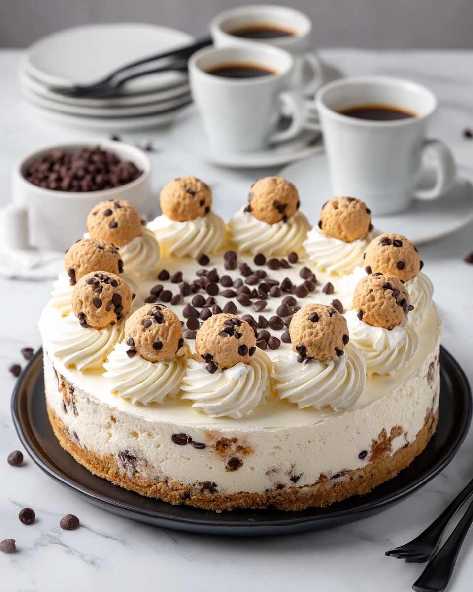 The image shows a round cake with three visible layers: the bottom layer is a light beige cookie crust with chocolate chips, the middle layer is a thick, creamy off-white filling, and the top layer is smooth and pale cream. On top, there are eight swirls of white whipped cream evenly spaced around the edge, each topped with a cookie dough ball with visible chocolate chips. The center of the cake is decorated with a scattering of small dark chocolate chips. The cake sits on a dark round plate placed on a white marbled surface. Around the cake are some chocolate chips, a woman's hand holding a cake server, a stacked set of white plates with forks, a bowl filled with mini chocolate chips, and two white cups of black coffee. photo taken with an iphone --ar 4:5 --v 7