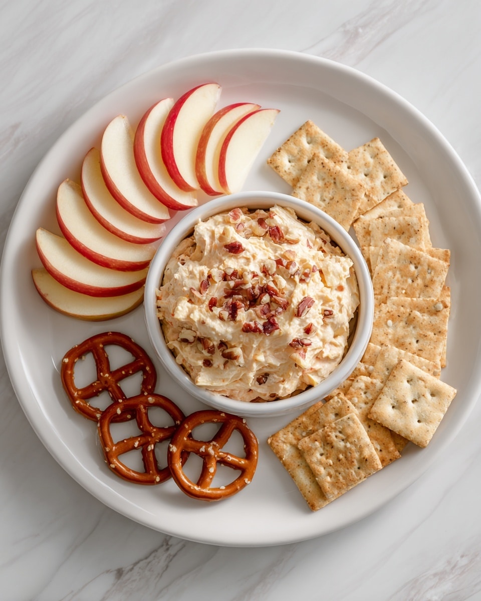 A white plate with a bowl in the center filled with a creamy light beige cheese dip mixed with small brown bits and topped with small orange pieces. Around the bowl are evenly placed layers of red and yellow apple slices on two sides, light brown square crackers on the top side, and round, shiny golden pretzels on the bottom left side, with one pretzel dipped into the cheese dip. The whole setup is on a white marbled surface photo taken with an iphone --ar 4:5 --v 7
