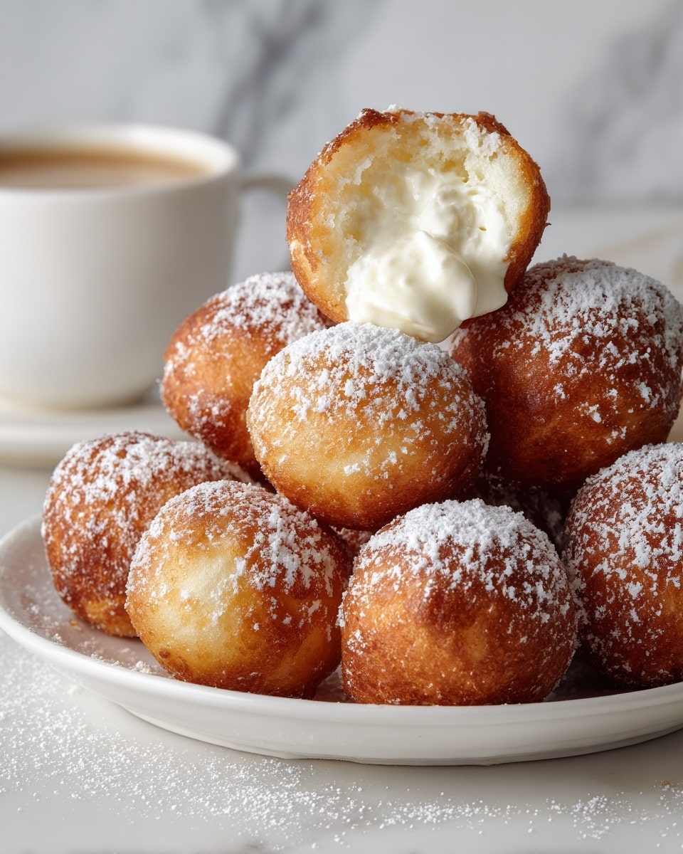 The image shows a stack of golden brown fried dough balls piled on a white plate. The dough balls have a crisp outer layer with a light dusting of white powdered sugar on top. One dough ball at the top is broken open, revealing a soft, fluffy white filling inside. The plate with the dough balls is placed on a white marbled surface, and there is a blurred wooden bowl and a white cup in the background. photo taken with an iphone --ar 4:5 --v 7