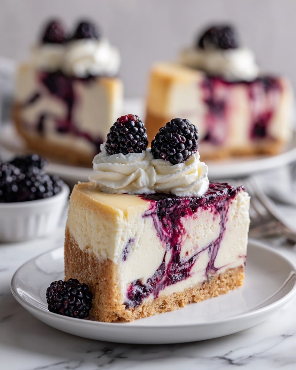 A slice of creamy cheesecake rests on a white plate over a white marbled surface. The cheesecake has three visible layers: a bottom layer with a golden-brown crumbly crust, a thick middle layer of smooth, pale cream cheese filling swirled with deep purple blackberry sauce creating a marbled effect, and on top, there is a swirl of white whipped cream with a single fresh blackberry placed on it. The background shows more slices with similar toppings and a small cup filled with blackberries. Photo taken with an iphone --ar 4:5 --v 7