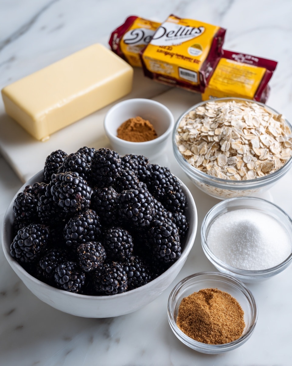 The image shows a white bowl filled with many blackberries placed on a white marbled surface. Next to it, there is a stick of butter in its wrapper, a small white bowl with light brown cinnamon powder, a glass bowl with light brown oats, and a glass bowl with white sugar. Two yellow and red boxes of cake mix with the label