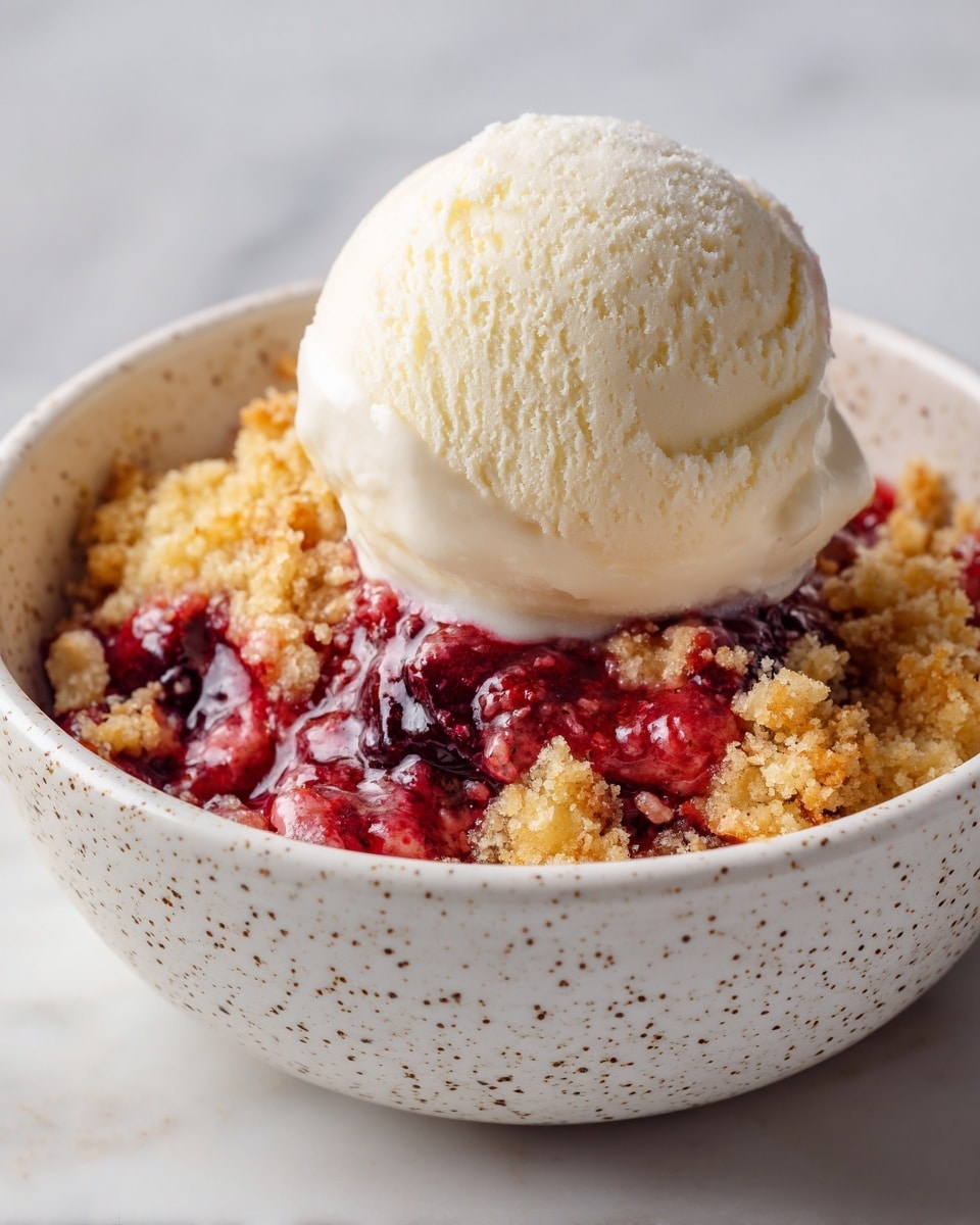 A white bowl sits on a white marbled surface filled with three layers: a bottom layer of dark red mixed berries with a juicy texture, a middle layer of golden crumbly crumble with a rough texture, and a top layer of smooth creamy off-white ice cream scooped in a round shape with subtle ridges. The ingredients are close together, showing a mix of juicy and crumbly textures topped by a soft cold layer. photo taken with an iphone --ar 4:5 --v 7