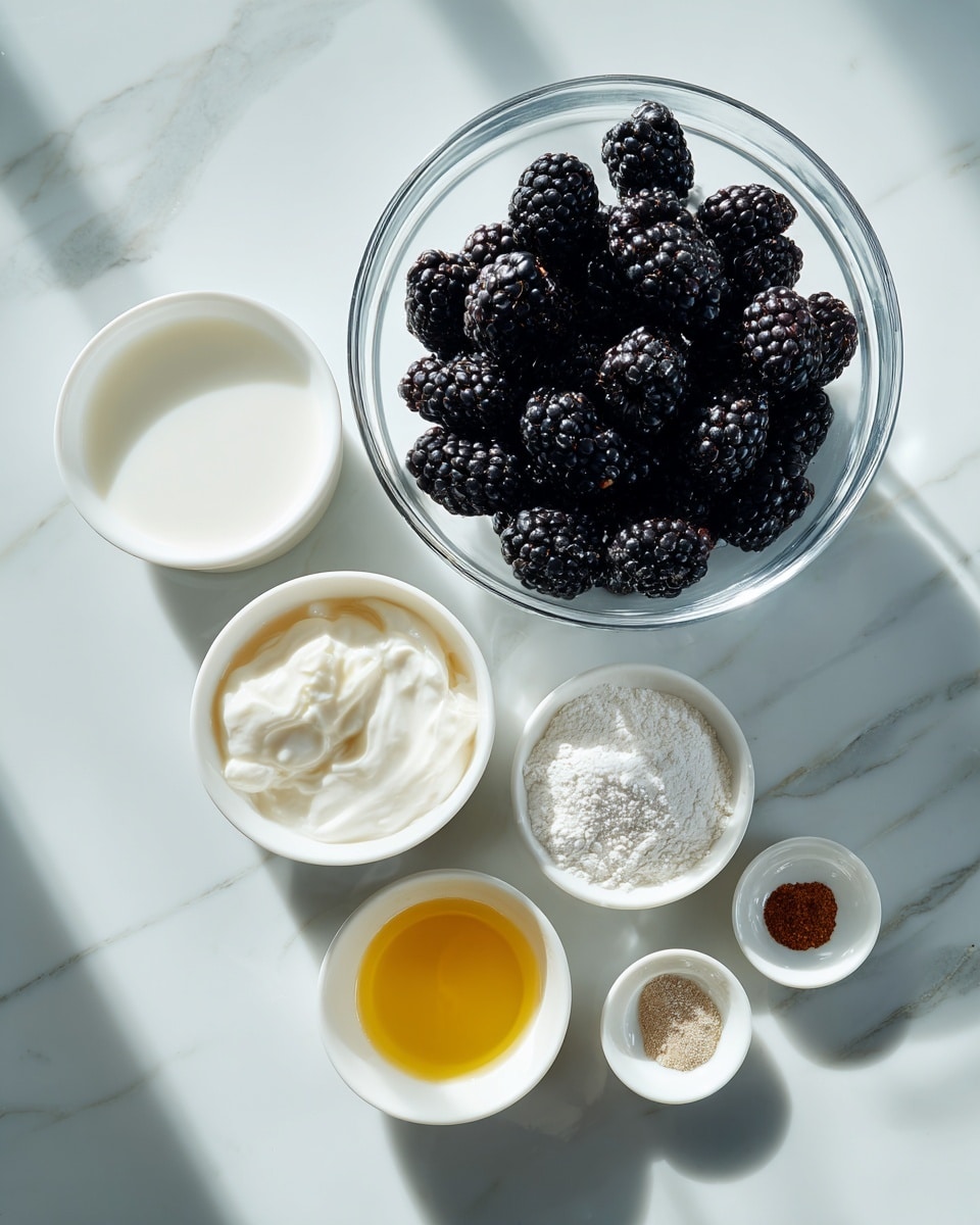 The image shows a white marbled surface with several clear glass bowls arranged neatly. The largest bowl at the top holds many dark blackberries with a shiny, bumpy texture. Below and to the right of it, a slightly smaller bowl holds a white powdery ingredient that looks like flour. On the left side, two white bowls contain a white liquid, likely milk, and a thick white cream or yogurt, placed side by side. Below these, a smaller white bowl has a golden-yellow liquid, possibly melted butter. Next to it, there are two tiny white bowls with white and brown powders, likely salt and spices, arranged closely together. The overall setting is clean and organized, with soft, natural light casting gentle shadows on the white marbled surface. Photo taken with an iphone --ar 4:5 --v 7