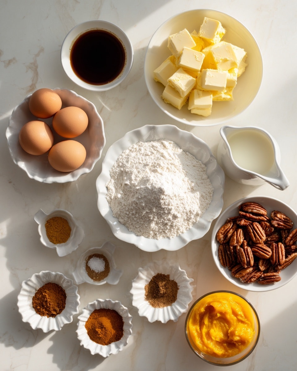 The image shows a top view of different baking ingredients arranged neatly on a white marbled surface. There are three eggs in a white scalloped bowl at the bottom left, next to a larger white bowl filled with fine white flour. Above the flour is a white bowl with dark liquid, likely vanilla extract or coffee. To the right of this is a white bowl with yellow butter cubes. Next to the butter is a white measuring jug with a white liquid, probably milk. Near the top right, a small white bowl contains whole pecans. Surrounding the pecans, there are three small white scalloped dishes holding different brown powders like cinnamon and spices, and a small white bowl with a golden liquid, possibly syrup or honey. At the bottom right are two glasses filled with bright orange pumpkin puree. The bright natural lighting highlights the ingredients clearly. Photo taken with an iphone --ar 4:5 --v 7