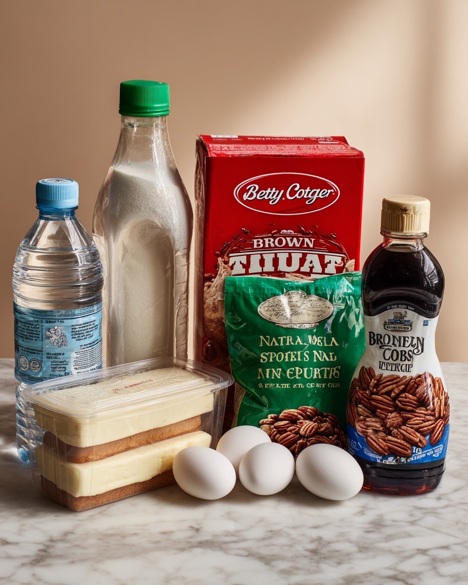 The image shows various baking ingredients arranged in a row on a white marbled surface. From left to right, there is a clear plastic bottle of water with a green cap, a clear container labeled