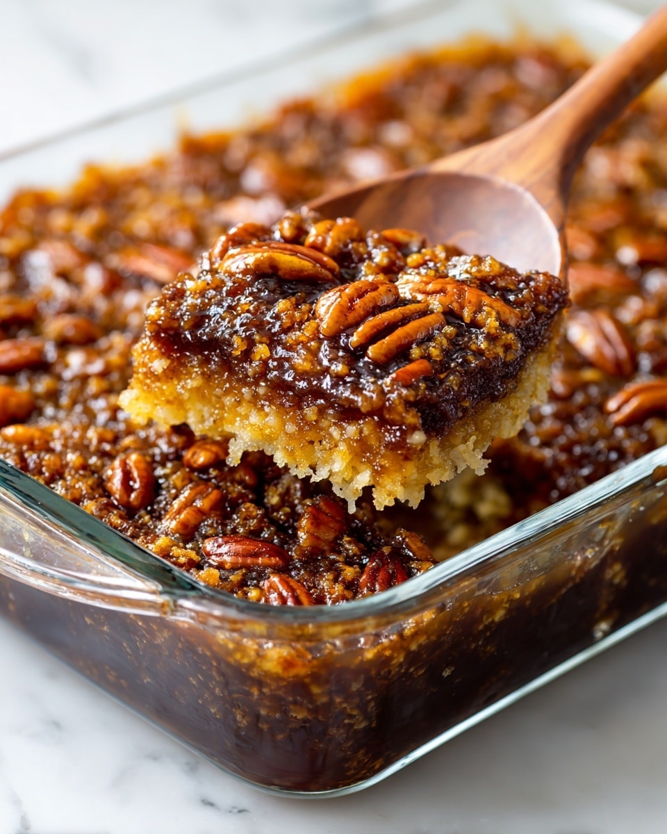 A close-up view of a glass baking dish filled with a rich pecan dessert. The top layer is golden brown and crumbly with whole pecans scattered on and inside it. Below is a dark, sticky, glossy filling mixed with more pecans, showing a thick texture. A wooden spoon is scooping a portion, lifting the mix of crunchy nuts and soft layers. The dish rests on a white marbled surface. photo taken with an iphone --ar 4:5 --v 7