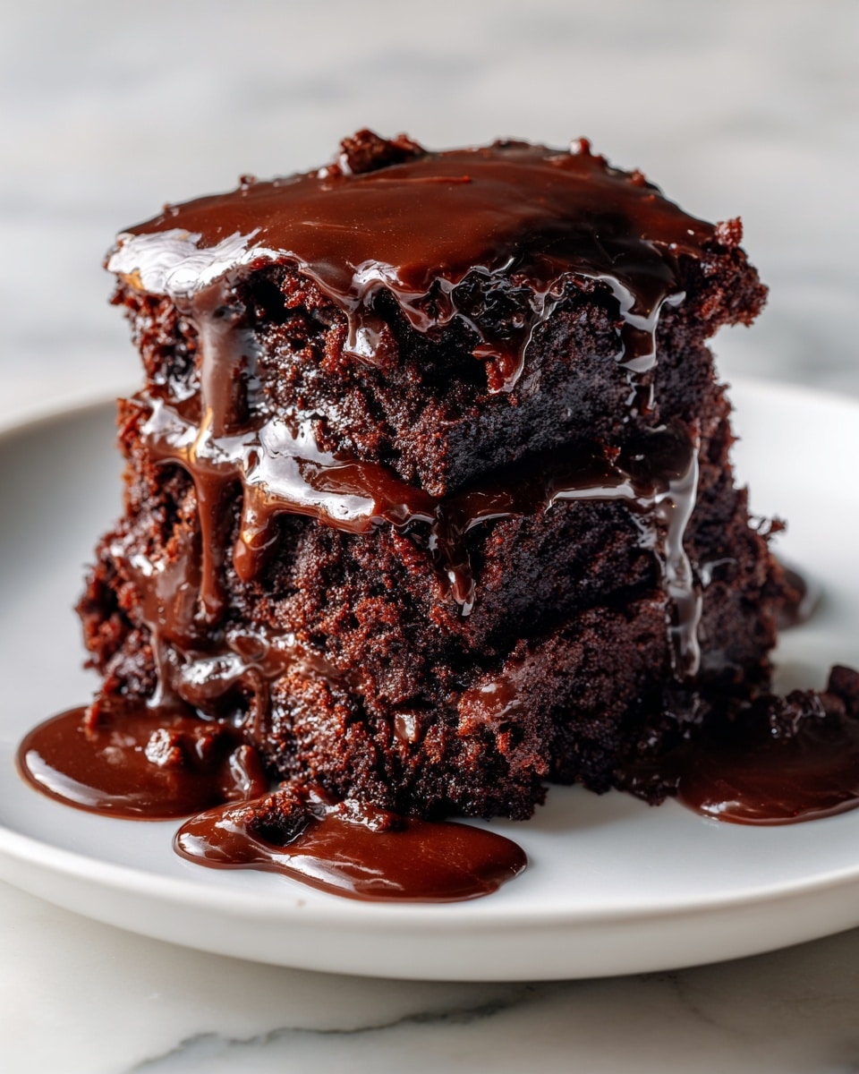A white plate holds a messy pile of dark brown chocolate dessert with multiple layers. The top layer is shiny and wet-looking, with melted chocolate dripping and pooling around thicker, crumbly, cake-like pieces beneath. The textures mix between soft, sticky, and crumbly with some chunks scattered loosely on the plate. The white plate contrasts with the rich, dark chocolate layers, making the dessert look very dense and moist. The background is a white marbled surface photo taken with an iphone --ar 4:5 --v 7