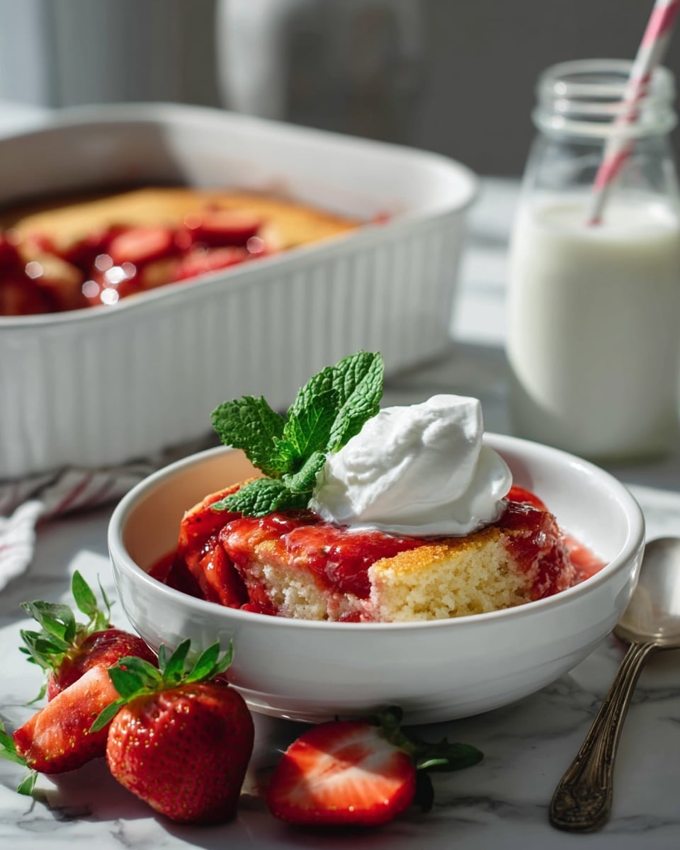 A white rectangular dish holds a slice of dessert with two visible layers: the bottom layer is dark red, glossy, and thick with fruit pieces, while the top layer is golden brown with a crumbly, slightly uneven texture. A wooden spoon lifts a portion of the dessert, showing the contrast between the bright red fruit layer and the pale crust on top. The dish sits on a white marbled surface, and the scene is close-up to show texture and color details vividly. Photo taken with an iphone --ar 4:5 --v 7