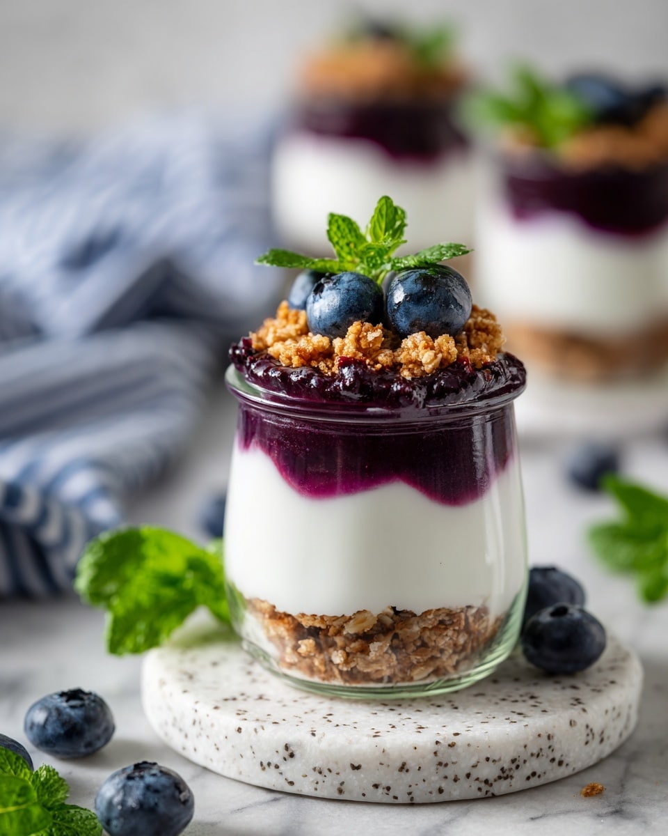 The image shows a clear glass jar with four visible layers. At the bottom is a thick white creamy layer, above it is a layer of light brown granola with a crunchy texture. The third layer is a deep purple blueberry sauce, slightly dripping down the sides, topped with another thin layer of white creamy yogurt. On the top, there are dark blueberries, a small pile of granola, and a fresh green mint leaf as garnish. The jar is placed on a round terrazzo board, with additional blueberries and mint leaves scattered on a white marbled surface in the background. photo taken with an iphone --ar 4:5 --v 7