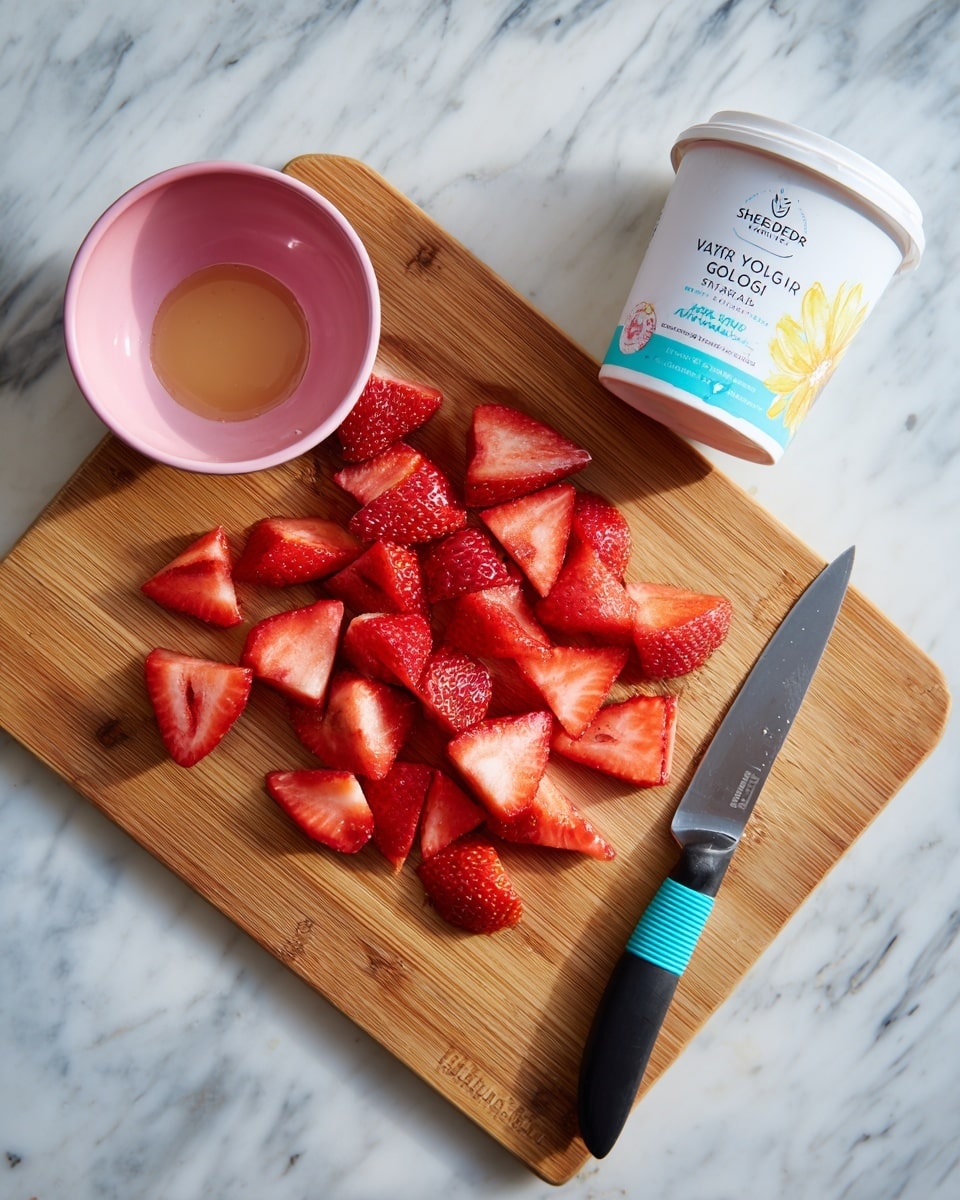 A wooden cutting board on a white marbled surface holds multiple red strawberry pieces cut into different shapes, mostly triangles. To the left on the board is a small pink bowl filled with a light brown liquid. On the right side of the board lies a knife with a black handle and turquoise band close to the blade. At the top right corner of the image, there is a white container lid of Shepherd Gourmet Skyr Icelandic style yogurt, labeled vanilla flavor with a small yellow flower and vanilla bean illustration. Photo taken with an iphone --ar 4:5 --v 7