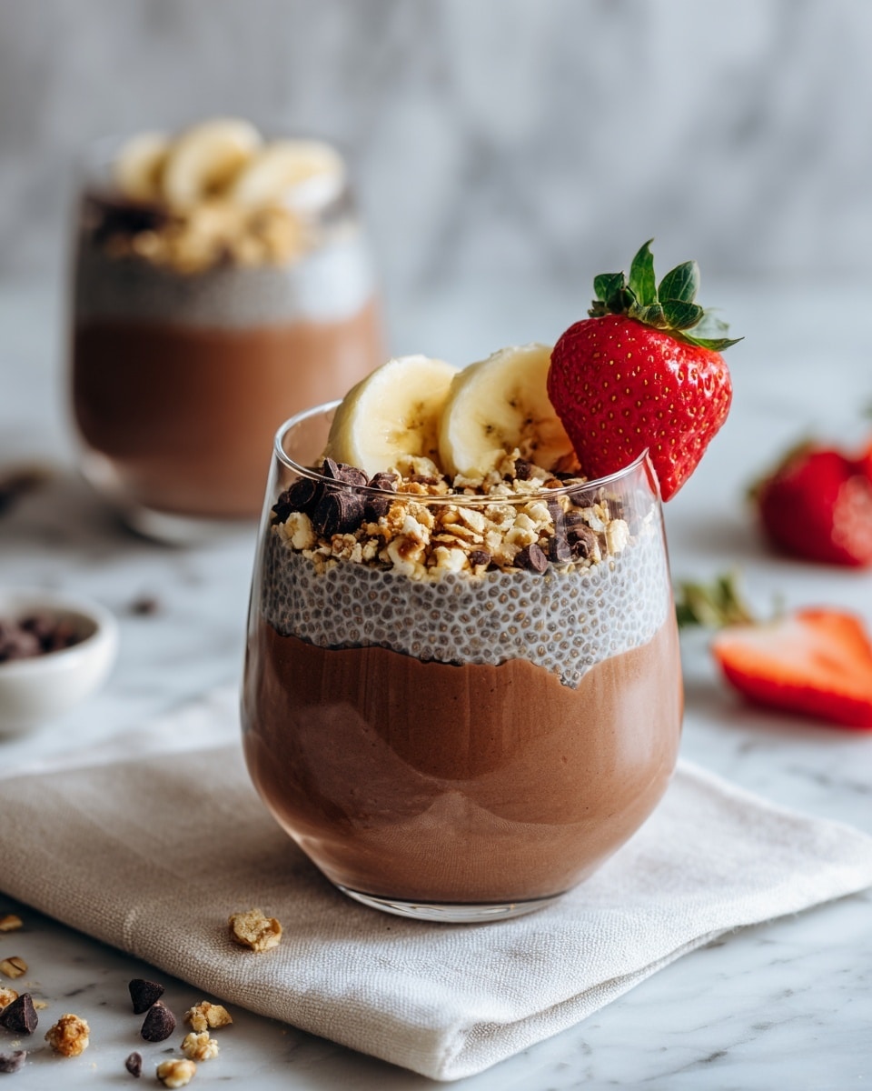 A clear glass cup filled with a thick, chocolate-colored pudding mixed with darker chocolate swirls throughout. On top, there are three banana slices with a light cream color, and a sprinkle of small, dark brown seeds and textured granola pieces. Next to the banana slices, two bright red strawberry halves with green leaves add a fresh touch. The glass sits on a white cloth on a white marbled surface, with a few dark chocolate chips scattered nearby. In the background, another similar glass cup is slightly out of focus. Photo taken with an iphone --ar 4:5 --v 7