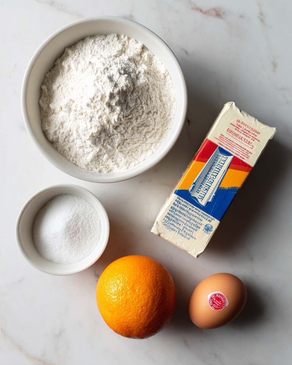 A top view of five baking ingredients laid out on a white marbled surface: a large white bowl filled with a heap of white flour at the top left, a white small bowl with white powdered sugar below it, a carton of unsalted British butter with a colorful red, blue, and yellow design on the top right, an orange fruit placed below the butter towards the middle right, and a brown egg with a red stamp on the bottom right near the orange, all arranged neatly with clear spacing photo taken with an iphone --ar 4:5 --v 7