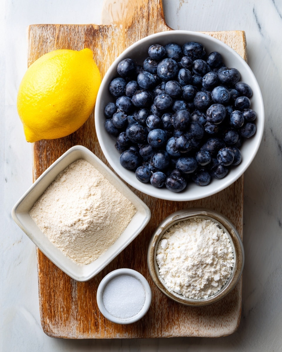 A top-down view shows a wooden board on a white marbled surface with five ingredients arranged neatly. At the center is a white bowl full of dark blue, plump blueberries. To the left of the bowl, a whole yellow lemon sits. On the upper right side is a small white bowl filled with white sugar. Below it, a small square white bowl holds light beige flour, and below that, a tiny round white jar contains fine white cornflour. Each ingredient stands out clearly against the wooden board. Photo taken with an iphone --ar 4:5 --v 7