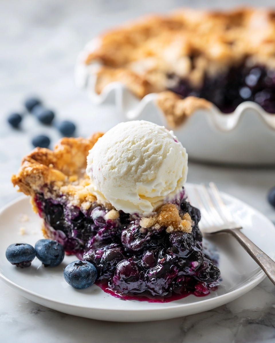 The image shows a golden brown pie with a thick, crumbly top layer that has a rough texture. This top layer sits on a visible dark purple berry filling, surrounded by a light brown, flaky crust that forms the edge of the pie. One slice is taken out and placed on a white plate, showing the same layers clearly. A white cup filled with fresh blueberries and several loose blueberries are scattered on a white marbled surface around the pie. A metal pie server with some berry filling on it lies near the pie, and a beige cloth is draped to the side. Photo taken with an iphone --ar 4:5 --v 7