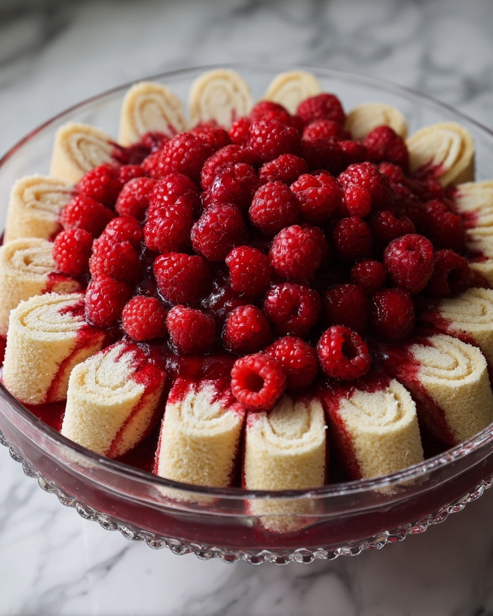 A clear glass bowl holds a dessert arranged in two layers: the outer layer consists of rolled slices of light-colored cake with a dark red jam swirl, all standing upright side by side to form a circle. Inside this ring, there is a pile of bright red raspberries filling the center. The bowl sits on a white marbled surface. photo taken with an iphone --ar 4:5 --v 7