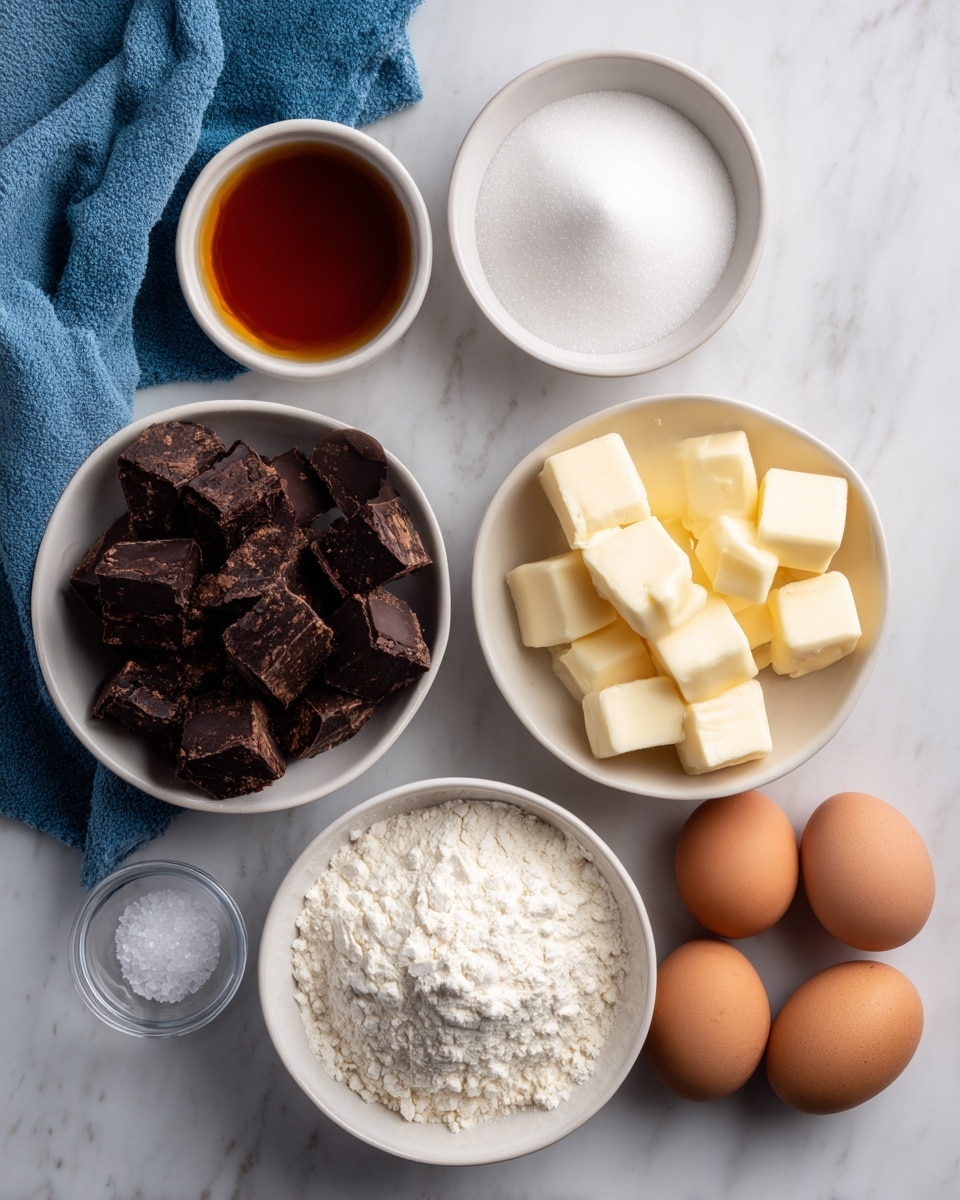 The image shows a simple top-down view of seven white bowls and two brown eggs arranged on a white marbled surface. Starting from the top, a small bowl has a dark amber liquid with a clear and glossy texture. To the right of it, a bowl contains several pale yellow cubes of butter with soft edges. Next to that, a bowl is filled with fine white sugar creating a smooth, flat layer. Below, a larger bowl holds dark, chunky pieces of chocolate with an irregular jagged texture. Another bowl contains white flour with a soft, powdery texture and some small lumps. Near the bottom right corner, two brown eggs lie next to each other with smooth shells. Lastly, a tiny clear bowl holds a small amount of granular white salt. A blue cloth is partially visible on the left side of the image. Photo taken with an iphone --ar 4:5 --v 7