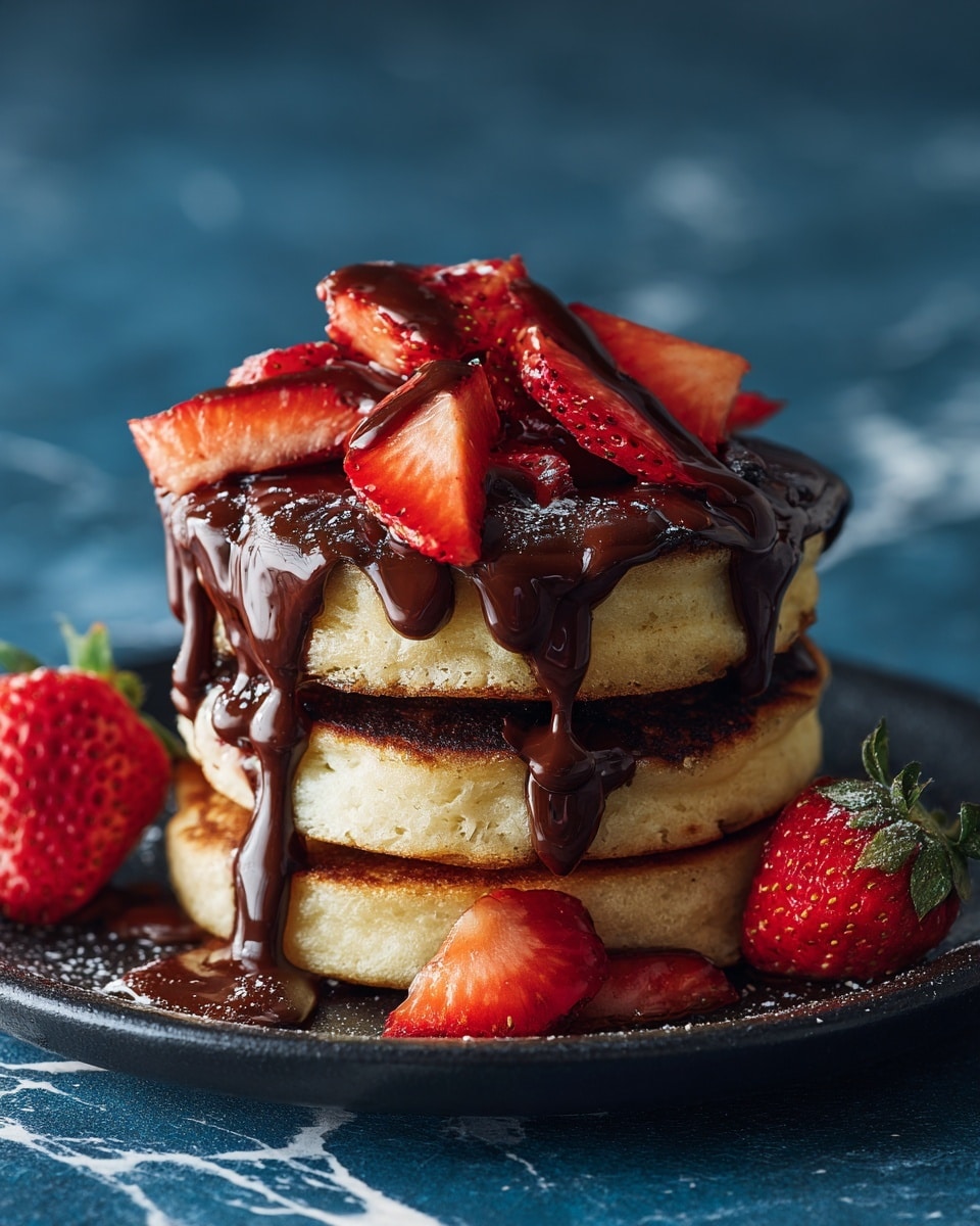 A stack of three thick pancakes sits on a white plate, each pancake golden brown with darker edges. Between the pancake layers, there is a visible spread of chocolate sauce and small strawberry pieces that peek through. The top pancake is covered with sliced strawberries arranged neatly in a circular pattern and drizzled generously with chocolate sauce that flows over the sides. A couple of strawberry halves lie on the plate next to the stack. The scene is set against a dark blue background on a white marbled surface. photo taken with an iphone --ar 4:5 --v 7