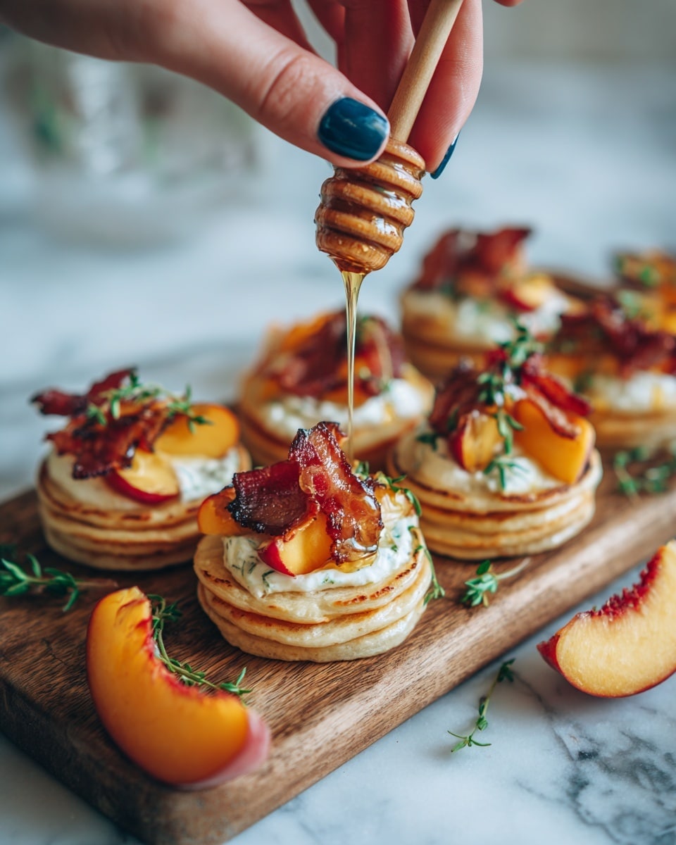The image shows five small soft tacos arranged in a neat row on a wooden board. Each taco has two layers of light golden tortillas folded in half, filled with white cream piped inside as the base layer. On top of the cream, there are glossy, caramelized peach slices and crispy, reddish-brown bacon placed unevenly. The tacos are garnished with small green herb leaves scattered on and around them. Around the wooden board, there are fresh peach halves with orange-yellow flesh and reddish pits. A wooden honey dipper with light golden honey rests at the bottom right corner. The background is a white marbled texture. Photo taken with an iphone --ar 4:5 --v 7