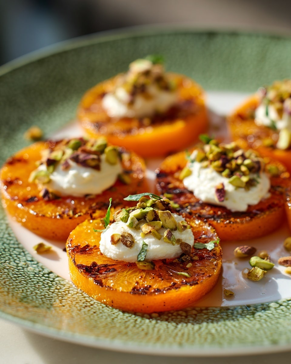Six round orange slices with light grill marks are arranged on a white plate with a textured green pattern, placed on a blue cloth over a white marbled surface. Each orange slice is topped with a dollop of white creamy cheese, scattered chopped green nuts, and small green herb leaves. Around the plate are whole orange fruits and additional green nuts scattered on the surface. A wooden honey dipper with honey sits beside the plate. The colors are bright with orange, white, green, and blue tones. Photo taken with an iphone --ar 4:5 --v 7