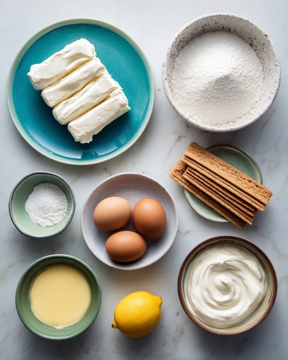 The image shows a top-down view of nine separate bowls and dishes with various dessert ingredients arranged neatly on a white marbled surface. In the center left, a white cheese block cut into four thick pieces rests on a turquoise plate. Above it is a large speckled white bowl filled with a fine white powder, likely sugar. To the right, a similar speckled white bowl holds a stack of rectangular light brown crackers. Below the crackers, a small bowl contains four brown eggs. To the left of the eggs, a small green bowl has a mound of white powder. Above this bowl, a medium bowl of smooth white cream swirls gently. A small brown-rimmed bowl contains melted yellow butter. In the bottom center is a whole yellow lemon on a square muted green tile. All bowls and plates are neatly placed with some spaces between them, set on a clean white marbled texture background. Photo taken with an iphone --ar 4:5 --v 7