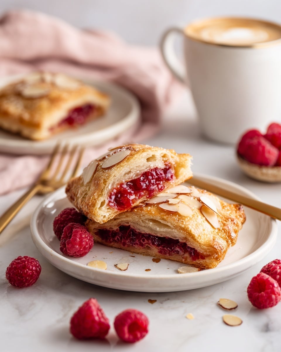 The image shows three golden brown pastries with a rough texture, topped with thin, light beige almond slices and a dusting of white powdered sugar, arranged in a row on white parchment paper over a white marbled surface. Each pastry has a visible filling of bright red raspberry fruit with a juicy, slightly chunky texture oozing out from the center and edges. Scattered fresh raspberries, deep red in color with a bumpy texture, are placed around the pastries. In the background, a white cup filled with light brown coffee topped with frothy white foam sits slightly out of focus, alongside a soft pink cloth casually draped. Photo taken with an iphone --ar 4:5 --v 7