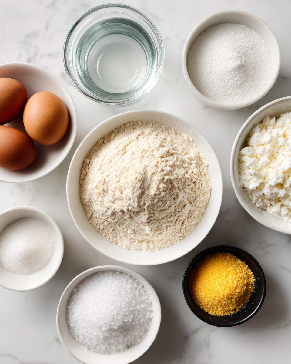 The image shows a white bowl in the center filled with a light tan powder, surrounded by small white bowls containing other ingredients. There are two brown eggs on the white marbled surface to the left, and a clear glass bowl with a little water above the eggs. At the top right, there is a white bowl half filled with white granulated sugar. Below the central bowl, a small white bowl contains a white powdery substance. Next to it on the right, a tiny white bowl contains a small amount of bright yellow powder. A small black bowl with coarse salt is positioned on the right side. Everything is placed on a clean white marbled surface. Photo taken with an iphone --ar 4:5 --v 7