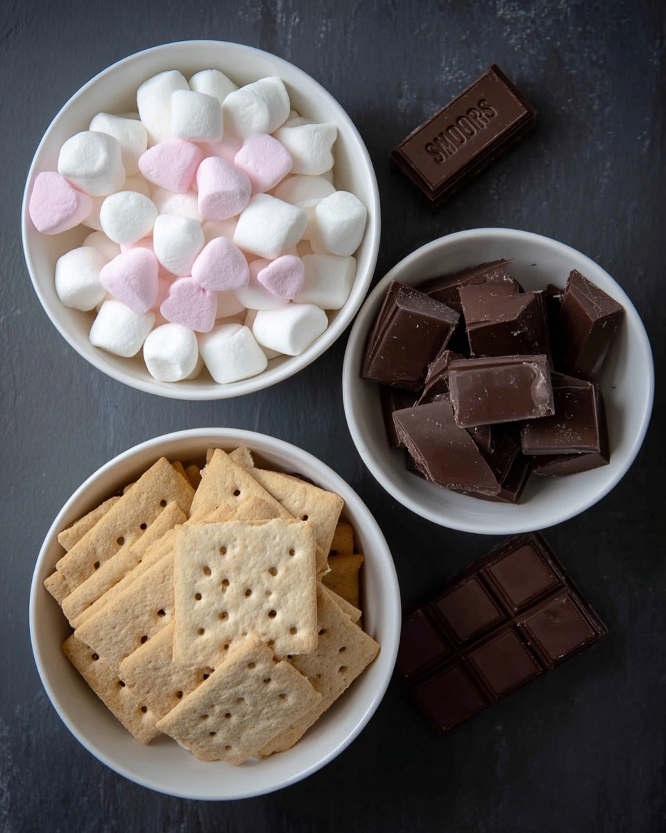 Three white bowls are placed on a dark surface showing s'mores ingredients. The top left bowl is full of white and pale pink heart-shaped marshmallows, with soft and fluffy texture. The top right bowl holds dark brown chocolate bars, broken into neat pieces with smooth surfaces. The bottom left bowl contains light brown rectangular crackers with tiny holes and a slight baked texture. A small white text in the top right says