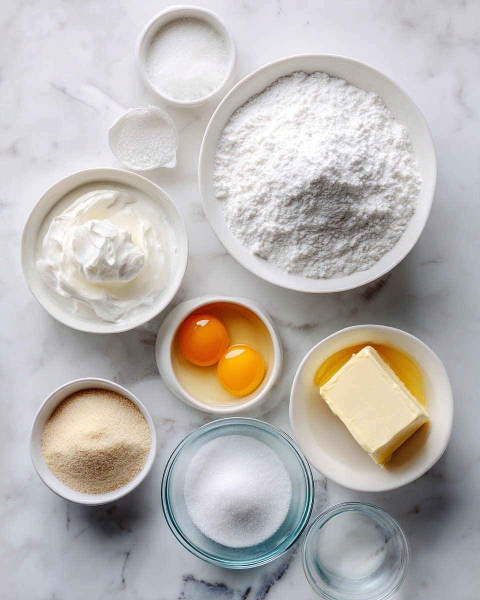 Several small white bowls and clear glass bowls are arranged on a white marbled surface. The largest white bowl is filled with white powdered sugar, the smaller white bowl contains granulated white sugar, and a medium-sized clear glass bowl has a thick white creamy ingredient. Another white bowl holds two raw egg yolks with clear egg whites. A clear glass bowl contains a light yellow solid, likely butter. There is also a small bowl with a light brown powder, another small bowl with white powder, and a tiny bowl with a small amount of a liquid vanilla-colored ingredient. All items are neatly spaced with no overlap. photo taken with an iphone --ar 4:5 --v 7