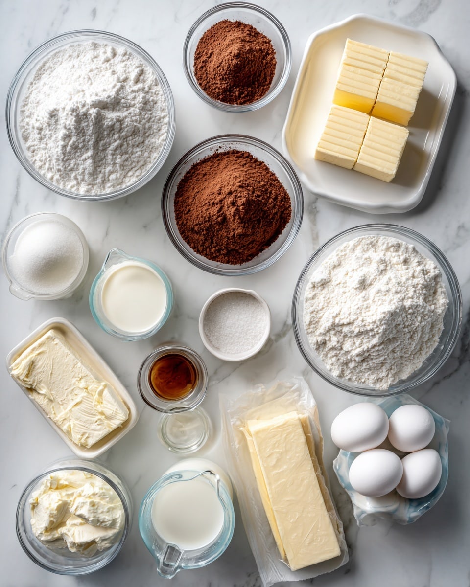 A bright image showing baking ingredients neatly placed on a white marbled surface. There are about 15 containers with different ingredients: two clear glass bowls filled with white powdered sugar and plain flour, a white square plate holding two sticks of pale yellow butter, a small white bowl with brown cocoa powder, another small bowl with white baking powder, a medium clear glass bowl with white thick cream, a transparent measuring cup with white milk, a white small bowl holding four white eggs, three small bowls with a mix of white salt, vanilla extract, and butter, along with an open packet containing a block of cream cheese. The colors vary from white, light yellow to brown, creating a neat, organized look. photo taken with an iphone --ar 4:5 --v 7