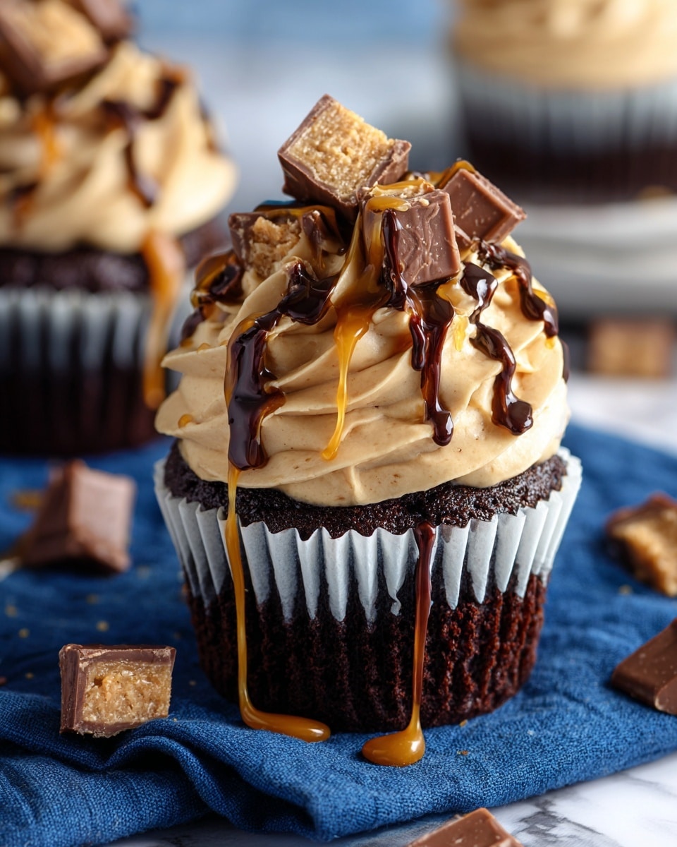 A group of chocolate cupcakes each with a dark brown base in white liners, topped with a thick light brown creamy layer, and drizzled with thin lines of dark and light caramel sauce, with a piece of chocolate candy on top of each. The cupcakes are placed on a dark blue cloth and a round wire rack over a white marbled surface, with some chopped chocolate candy pieces scattered around. photo taken with an iphone --ar 4:5 --v 7