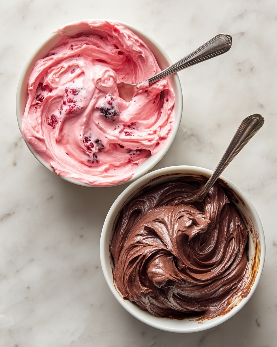 Two white bowls are shown on a white marbled surface. The bowl on the left holds thick, creamy pink mixture with visible chunks of berries swirling inside, while the bowl on the right contains rich, smooth chocolate cream with a darker brown shade mixed throughout. Each bowl has a silver spoon resting inside, slightly dipped into the swirled mixtures. The colors contrast well with the neutral background. photo taken with an iphone --ar 4:5 --v 7