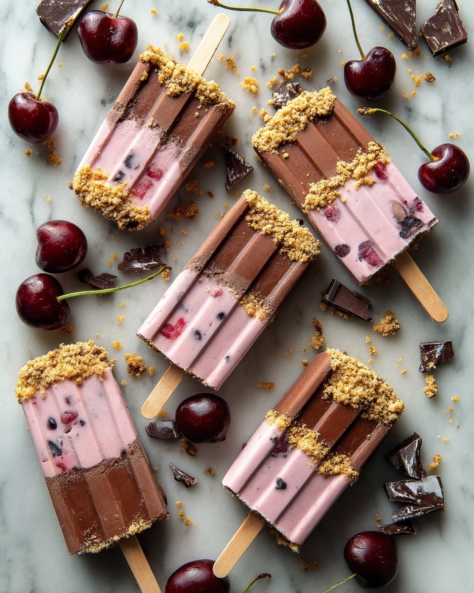 The image shows five popsicles on a white marbled surface. Each popsicle has three layers: the bottom layer is a crumbly light tan color that looks like crushed cookies, the middle layer is light pink with small dark chunks that look like pieces of fruit, and the top layer is smooth and brown like chocolate. The popsicles have wooden sticks and some crumbs are scattered around them. There are also whole dark red cherries and a partially unwrapped block of dark chocolate on the side. The photo taken with an iphone --ar 4:5 --v 7