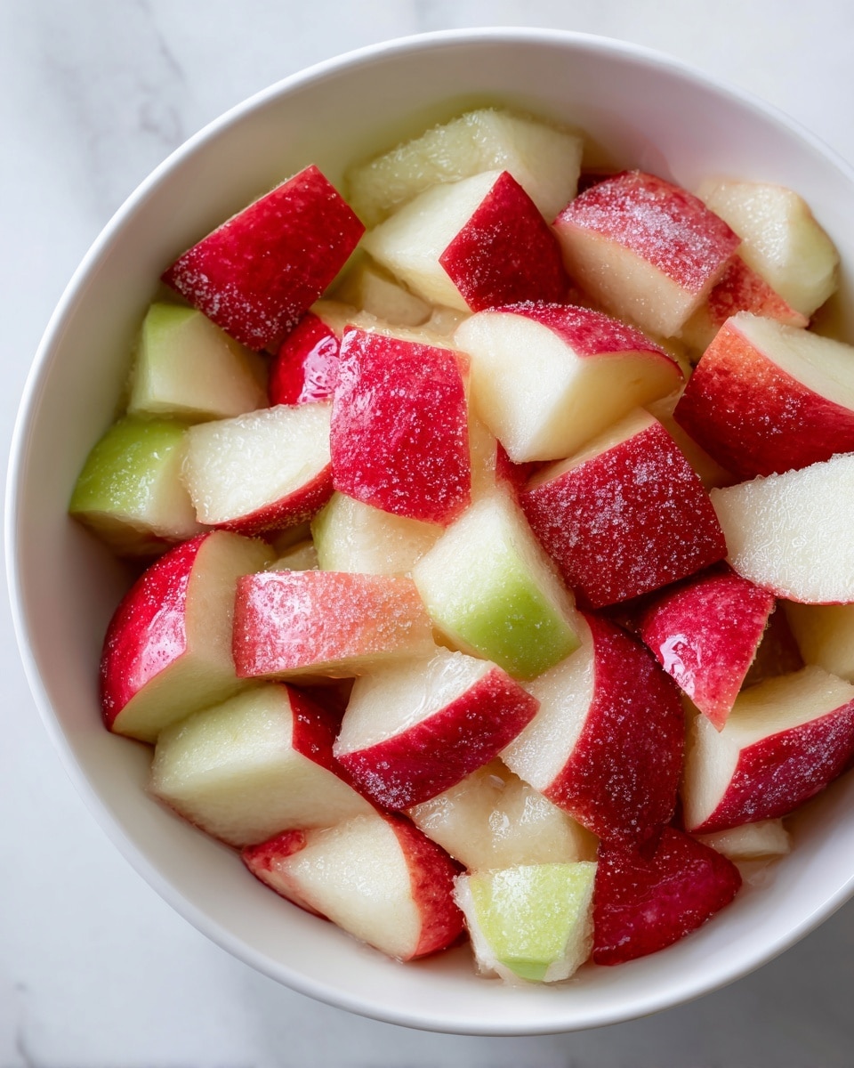 The image shows a close-up of apple pieces in a white bowl placed on a white marbled surface. The apple pieces are cut into small, uneven chunks with red skin on the edges and light greenish-white flesh inside. The pieces have a shiny, slightly wet look, suggesting freshness or some liquid added. Some pieces have more skin visible, and others mainly show the inside. There is a light dusting of white granulated sugar on top of the apple chunks, adding texture and contrast to the red and green colors. Photo taken with an iphone --ar 4:5 --v 7
