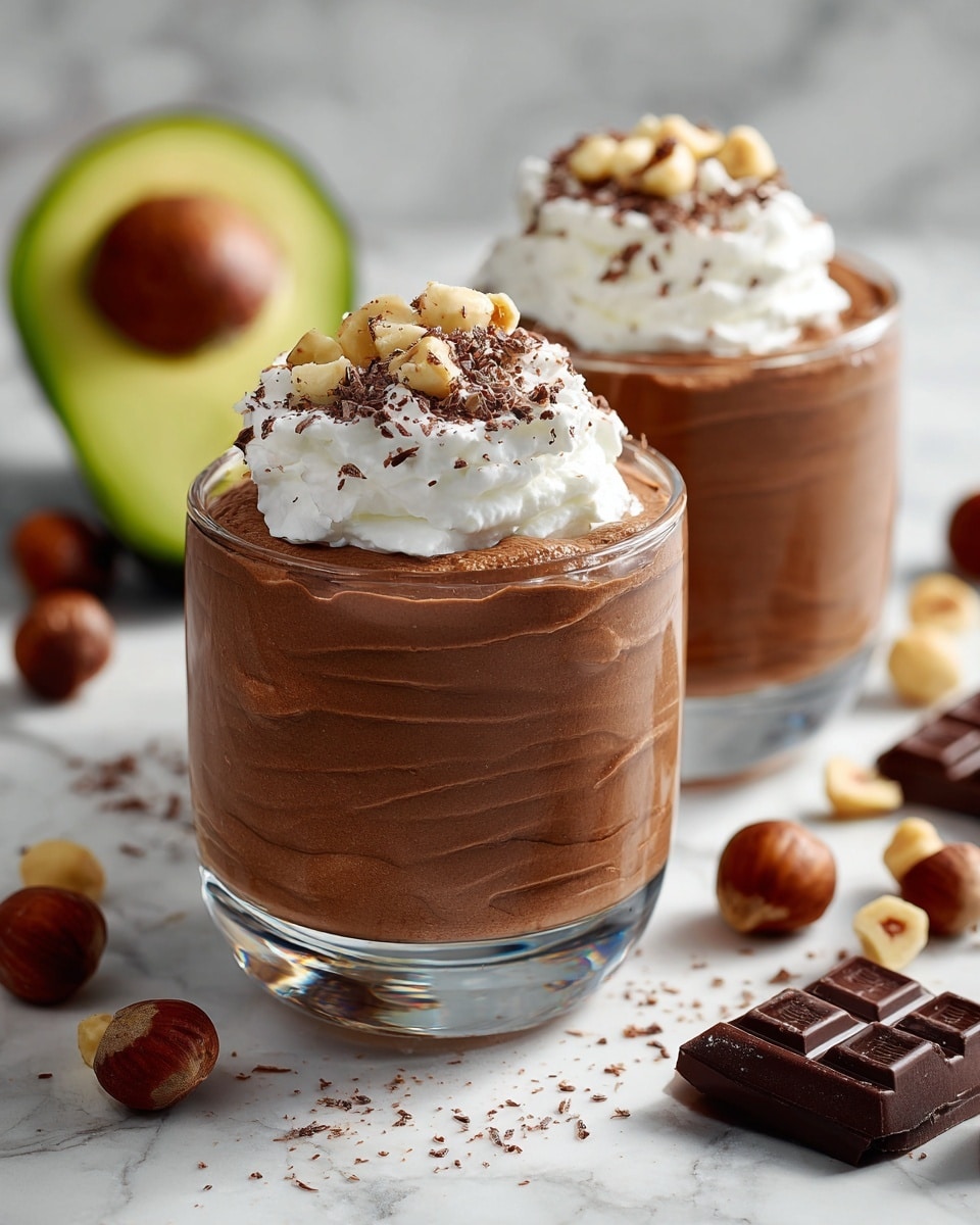 The image shows a clear glass dessert cup filled with a thick, creamy layer of smooth chocolate mousse that has soft swirls on the surface. On top, there is a small layer of white whipped cream dolloped neatly on one side, sprinkled with fine chocolate shavings. Next to the whipped cream, a few whole and halved hazelnuts are placed, adding a crunchy texture contrast. The glass is set on a dark surface scattered with whole hazelnuts and chocolate crumbs. Photo taken with an iphone --ar 4:5 --v 7