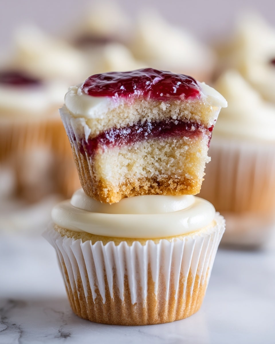 The image shows small white cupcakes stacked in two layers on a white marbled surface. Each cupcake has smooth, creamy white frosting on top, with faint ridges from the paper liner visible around the edges. In the background, there are more cupcakes blurred softly, all uniformly frosted the same pale white color. To the left side of the stack, there is a small splash of dark red jam, glossy and rich in texture. The overall look is clean and simple, with soft lighting highlighting the creamy texture of the frosting. Photo taken with an iphone --ar 4:5 --v 7
