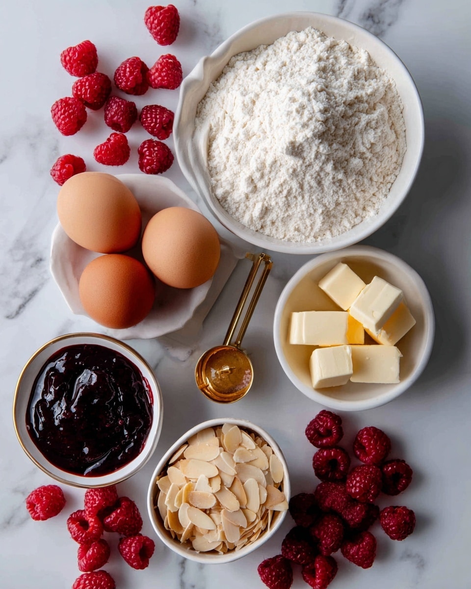 The image shows several baking ingredients arranged neatly on a white marbled surface. At the center top, there is a white bowl filled with white flour with a soft, powdery texture. To the left, there is a gold-colored measuring spoon placed vertically, surrounded by fresh red raspberries scattered around. Below the spoon, six brown eggs with smooth shells rest in a white egg holder. On the right side, a small white bowl holds yellow cubes of butter, and below it, another white bowl contains three round brown sugar balls with a slightly crumbly texture. Near the bottom center, a gold measuring cup filled with thinly sliced almonds is positioned above a white bowl filled with thick, dark purple jam or preserve. More raspberries are scattered around on the white marbled surface, adding pops of bright red color. Photo taken with an iphone --ar 4:5 --v 7