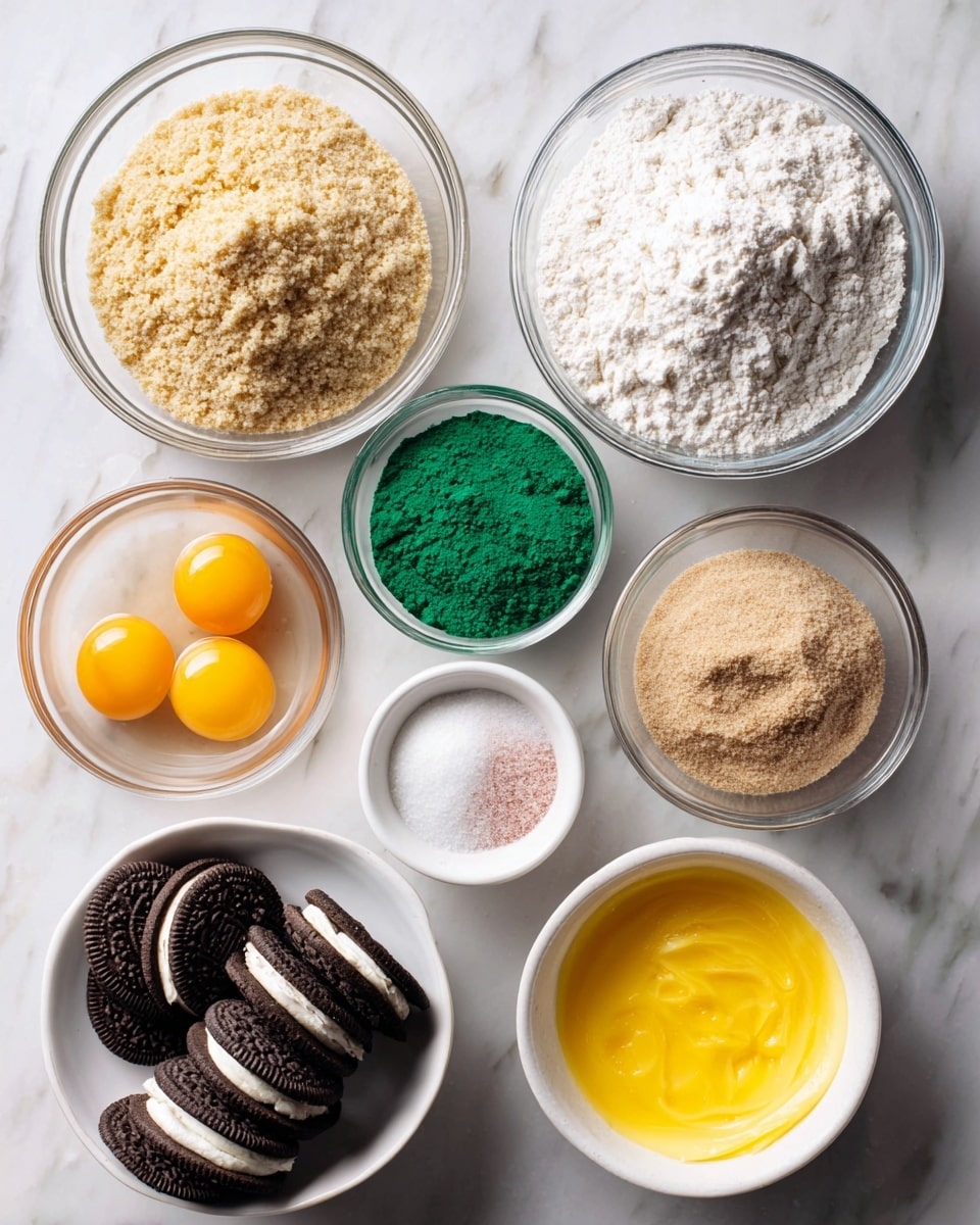 The image shows nine small clear glass bowls and two white bowls arranged on a white marbled surface. Starting from the top left, there is a bowl with a crumbly beige powder, next to it on the right is a bowl filled with white flour. Below those, in the middle left, a small bowl has light brown liquid, beside it is a bowl with bright green powder. To the right, a white bowl contains fine white sugar. Below that, in the middle, a tiny clear bowl holds a small white powder with a pink tint. To the right of it, a white bowl is filled with light brown sugar. At the bottom left, a clear bowl contains two raw eggs with bright orange yolks. Next to it, a white bowl is stacked with dark chocolate sandwich cookies with white filling. On the bottom right, a glass bowl holds melted yellow butter. The arrangement is neat, and all ingredients are clearly visible. photo taken with an iphone --ar 4:5 --v 7
