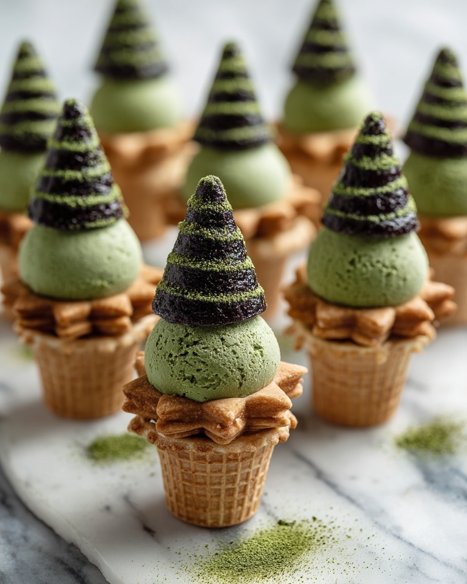 The image shows small cone-shaped desserts arranged on a white marbled surface. Each dessert has three layers: the bottom layer is light beige and looks like a soft biscuit or cookie, the middle layer is a rough green paste or cream, and the top layer is a dark chocolatey brown with a rough texture, dusted lightly with green powder. The green powder is also scattered on the surface around the desserts. The focus is on two desserts in the front, showing their rough texture and layers clearly, while the background desserts are blurry. The photo taken with an iphone --ar 4:5 --v 7
