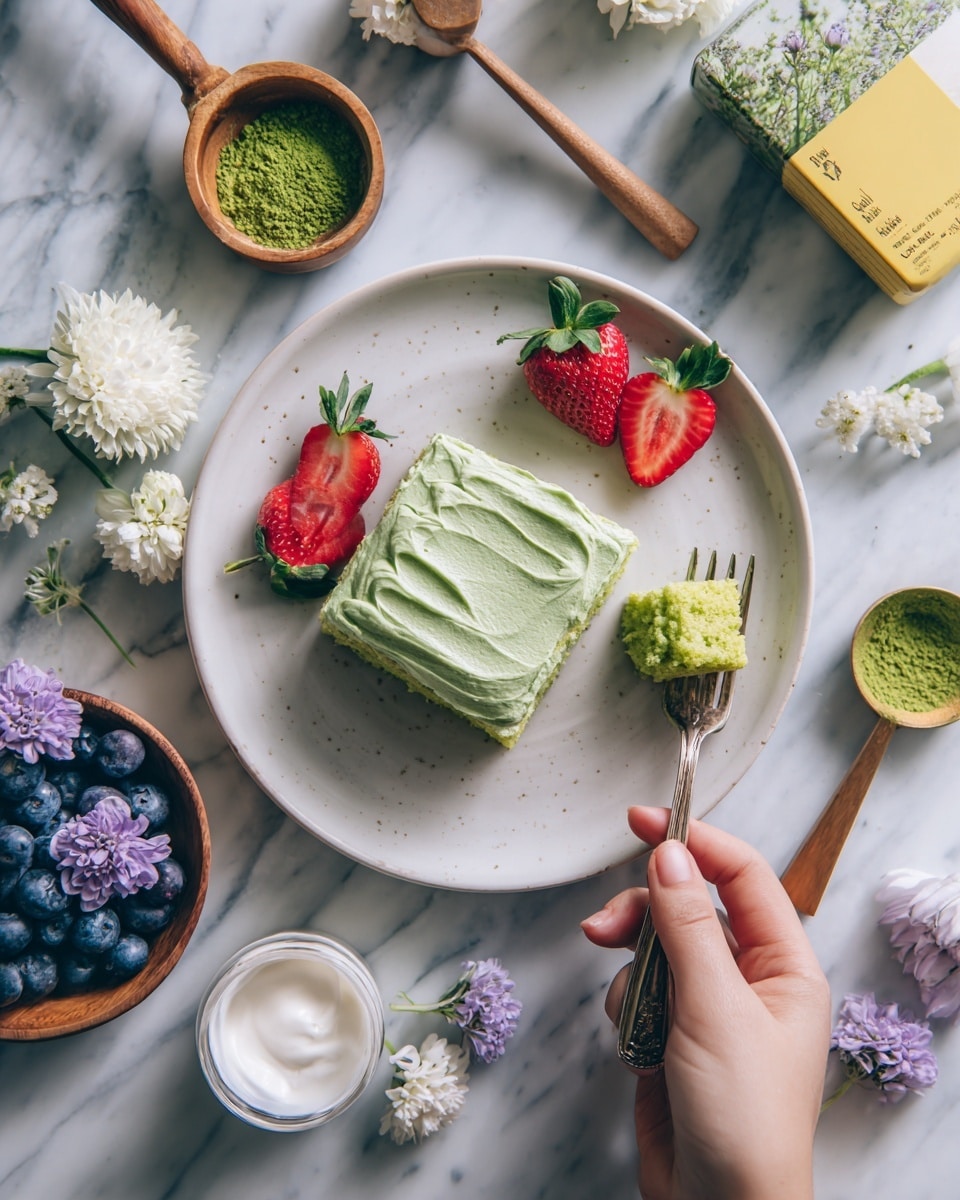 A white plate holds a square piece of green cake with smooth, creamy green frosting on top. Two halved strawberries with green leaves are placed beside the cake. A woman's hand is holding the plate while another woman's hand uses a fork to lift a bite of the green cake. Around the plate on a white marbled surface, there is a small cup of white cream, a wooden spoon with green powder, a small bowl with white and purple flowers, and a brass measuring cup filled with blueberries. A yellow and white box of vanilla flavored cake mix is positioned at the top right. Photo taken with an iphone --ar 4:5 --v 7