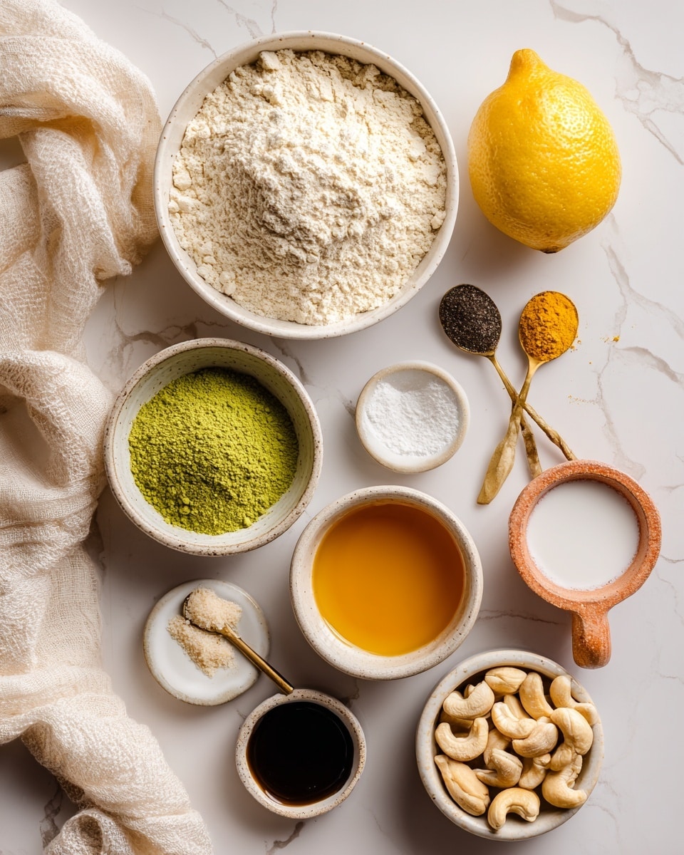 A top view of a white marbled surface with various ingredients arranged neatly: a large white bowl filled with light beige flour, next to it a beige bowl with coarse flour, a small white bowl holding bright green matcha powder, a white bowl with a golden honey-like liquid in the center, and another small white bowl containing a white creamy liquid. Near the top right, there's a yellow lemon with a partial peel removed. A small terracotta bowl is filled with white powdery sugar, and three spoons hold different powders and a dark liquid. At the bottom right, a beige bowl contains a handful of raw cashew nuts. A crumpled off-white cloth is at the bottom left. photo taken with an iphone --ar 4:5 --v 7