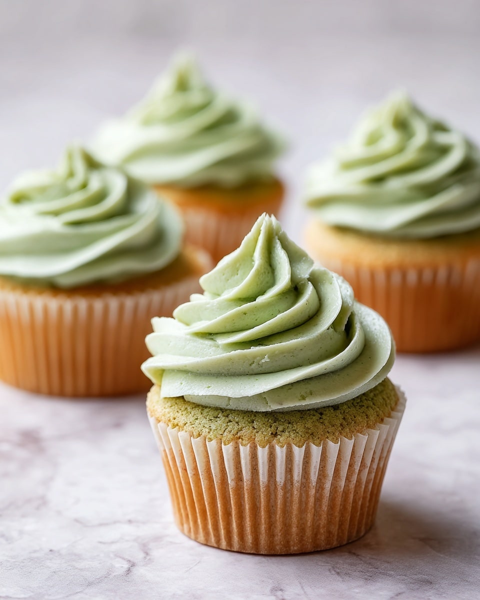 Four green cupcakes are set on a white marbled surface, each with one layer of greenish cake topped with a thick, swirled layer of smooth light green frosting. The cupcakes are in light beige paper liners. The frosting is fluffy and piped in a circular, wave-like pattern on top of the cake. The background is softly blurred with neutral tones. Photo taken with an iphone --ar 4:5 --v 7